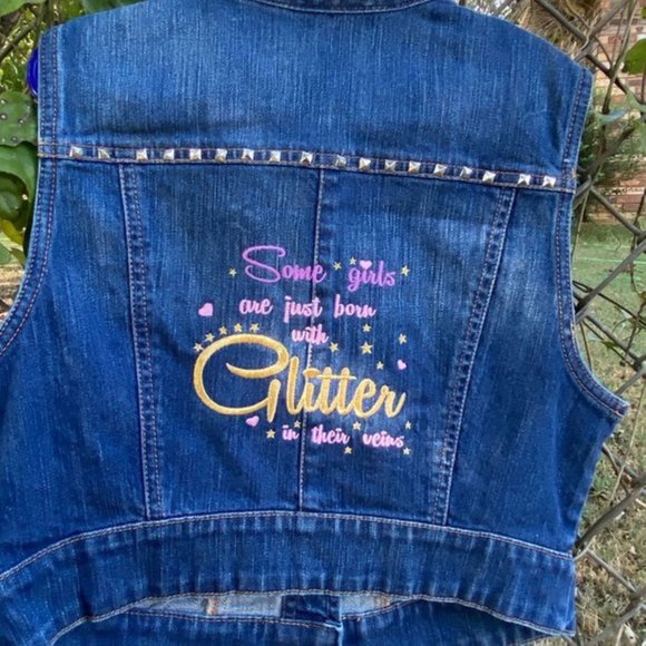 New York & Co SZ XS Denim Vest Custom Embroidered Girls Glitter Barbie - Picture 1 of 4